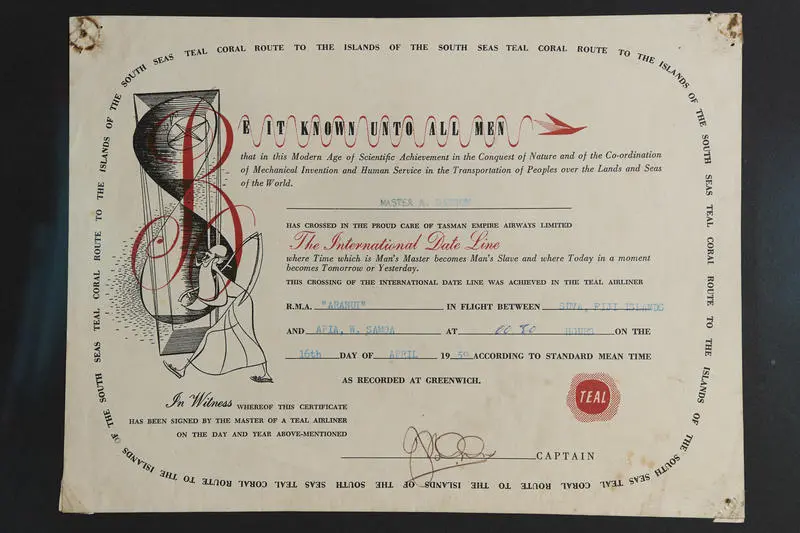 TEAL Crossing the International Date Line Certificate
