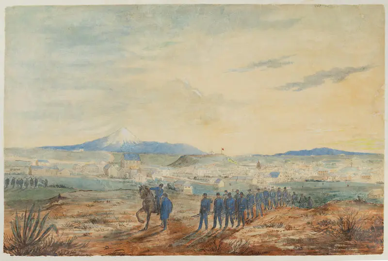 "Volunteer Rifles going on duty, New Plymouth, 1860"