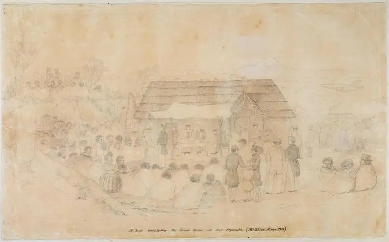 "Mr Spain investigating the Land Claims at New Plymouth. (Mt Eliot. June 1844)"