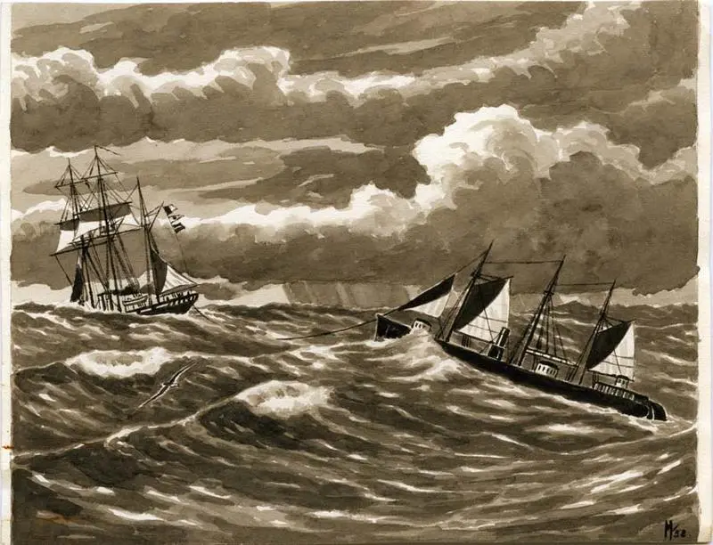 The River Gunboat "Pioneer" being towed across the Tasman by H.M.S Eclipse in September 1863.