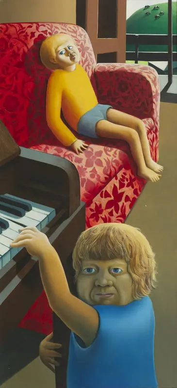 Thomas and Joseph with Red Chair and Piano