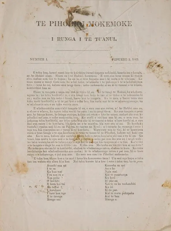 Newspaper – Te Pihoihoi Mokemoke i runga i te Tuanui, No 1, Pepuere 2, 1863