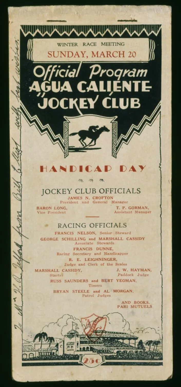 Racing Programme - Agua Caliente Jockey Club, Winter Race Meeting, 20 Mar 1932