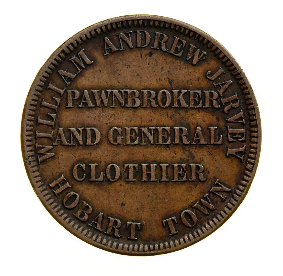 Token - 1 Penny, William Andrew Jarvey, Pawnbroker, Hobart, Tasmania, Australia, circa 1860