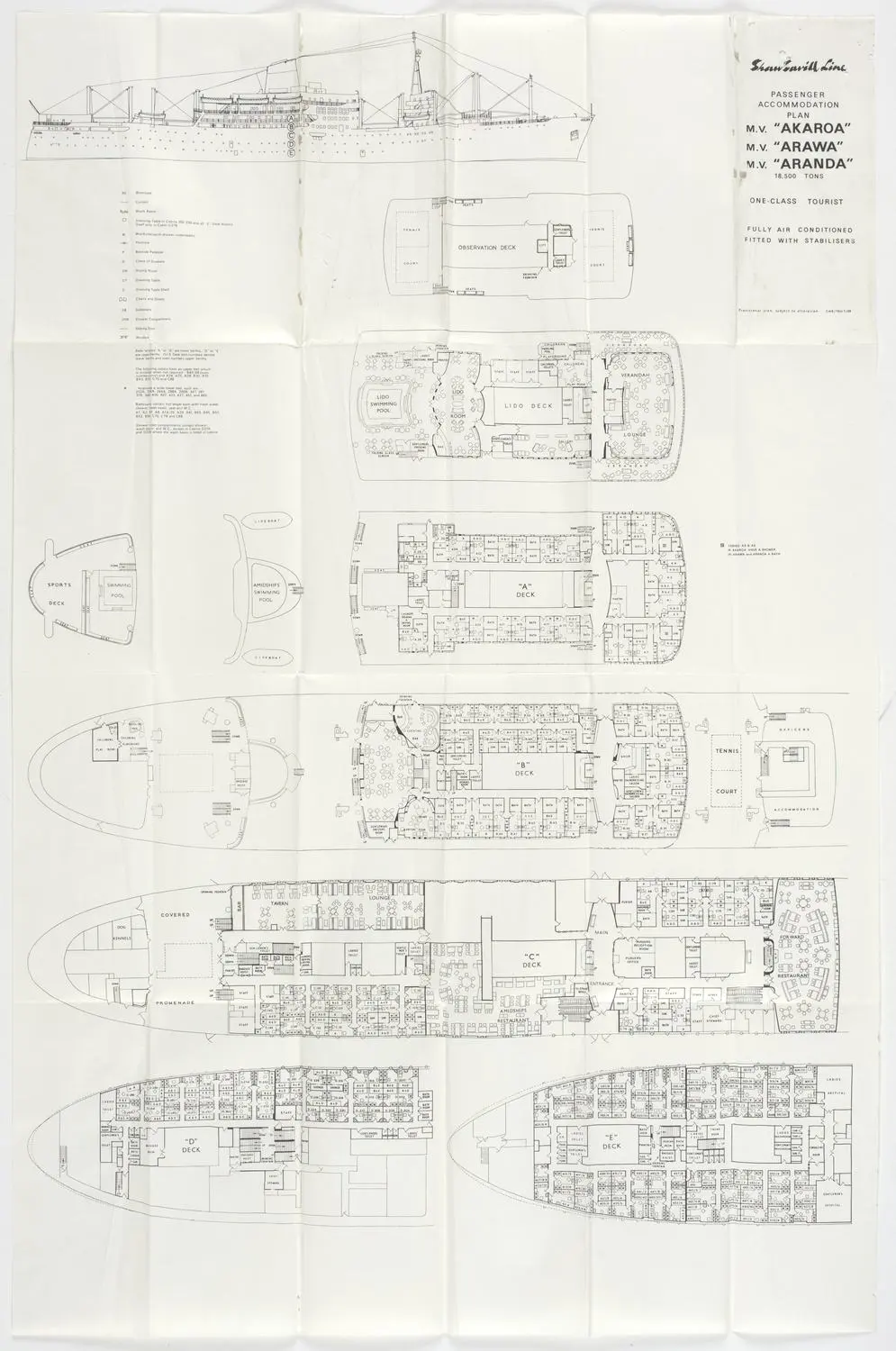 Accommodation Plan - Shaw Savill Line, MV Arawa, MV Aranda & MV Akaroa, circa 1969