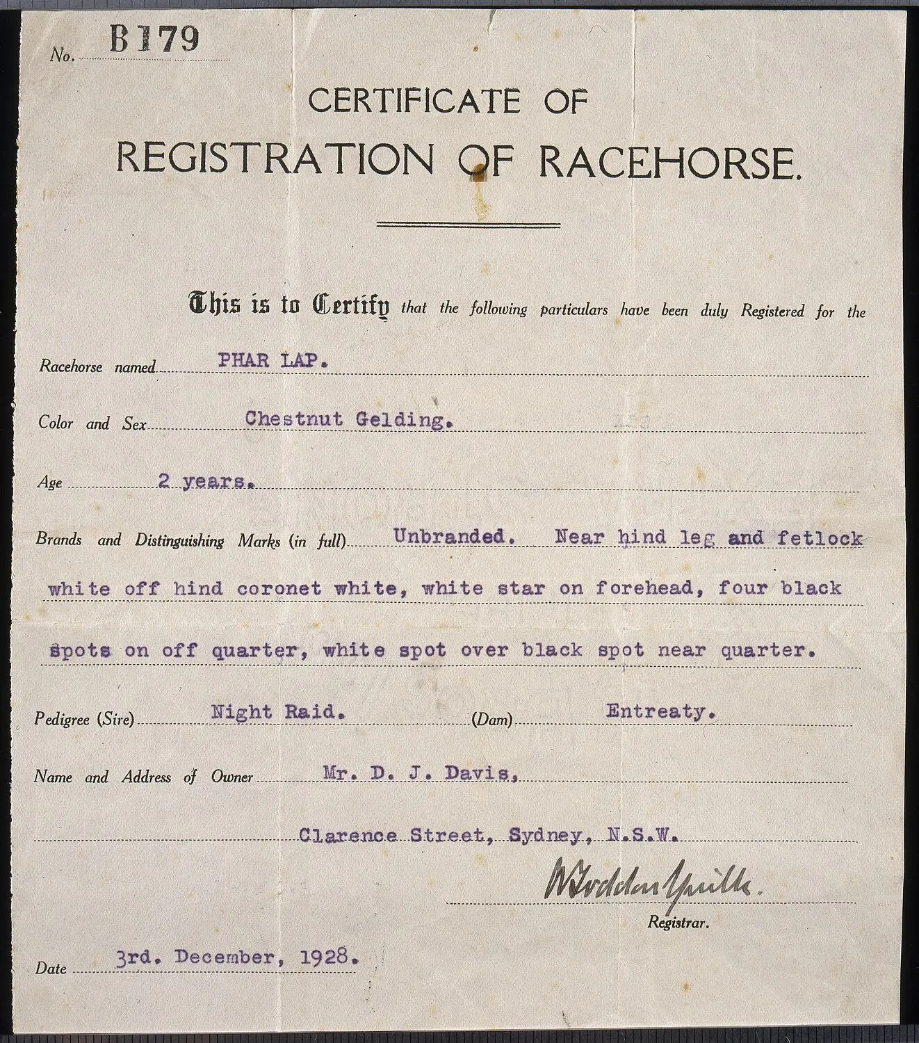 Certificate of Registration - Phar Lap, 03 Dec 1928