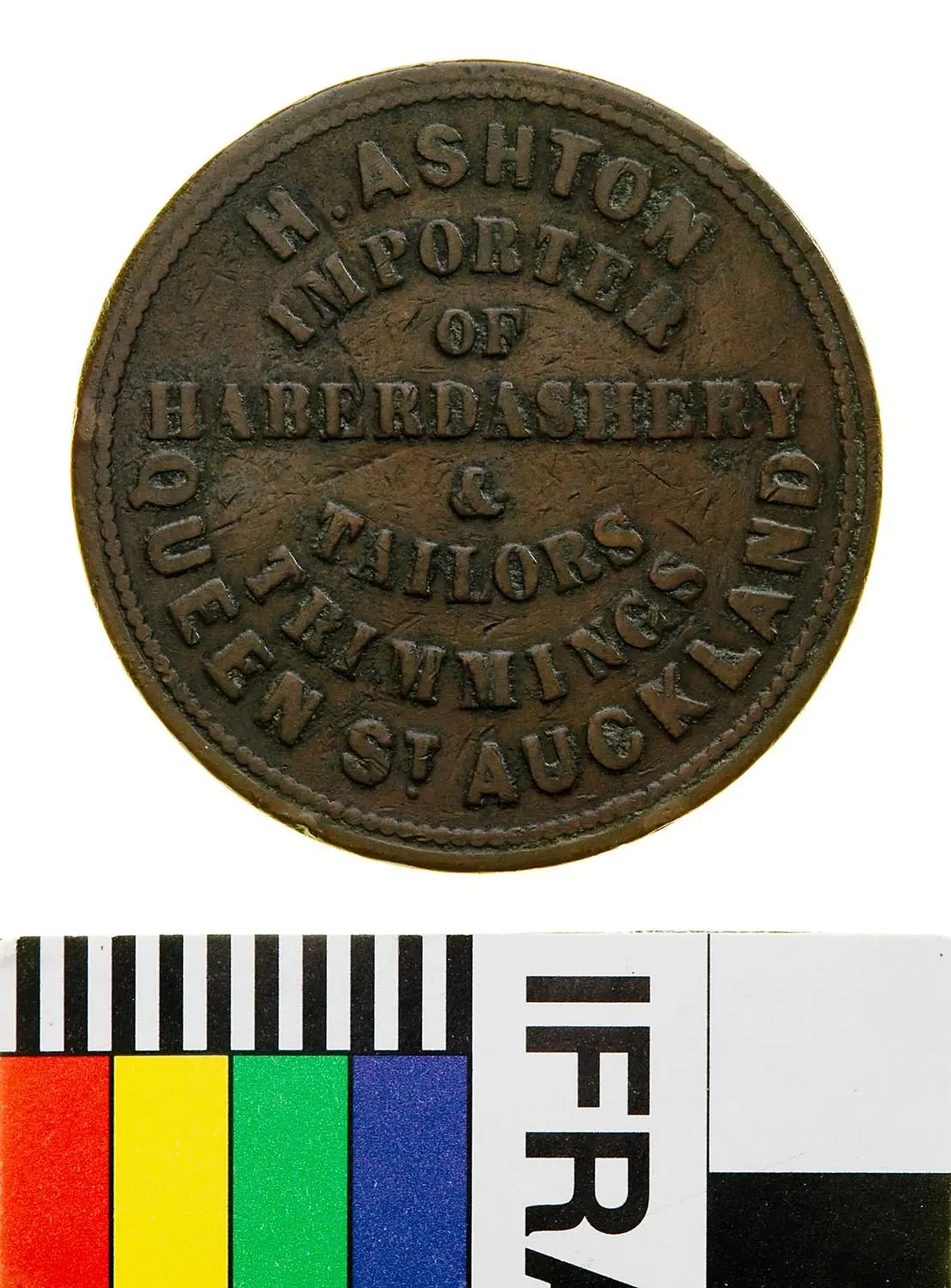 Token - 1 Penny, H. Ashton, Haberdashery, Auckland, New Zealand, 1862