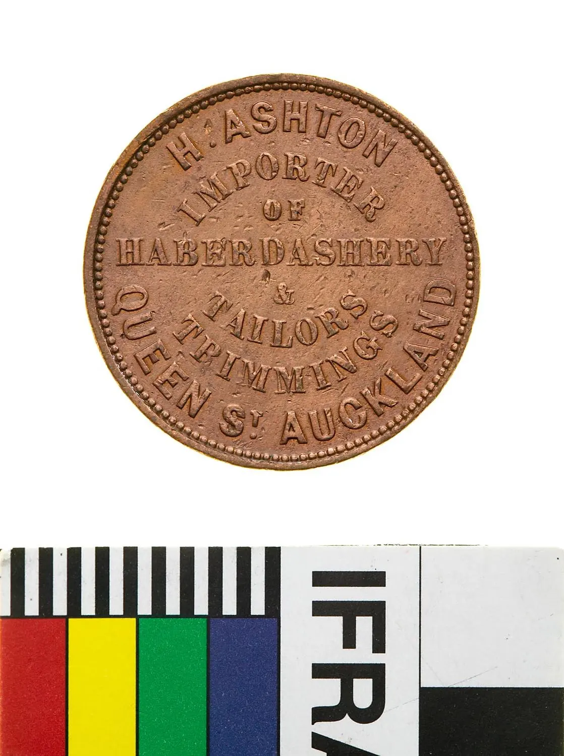 Token - Halfpenny, H. Ashton, Haberdashery, Auckland, New Zealand, 1858