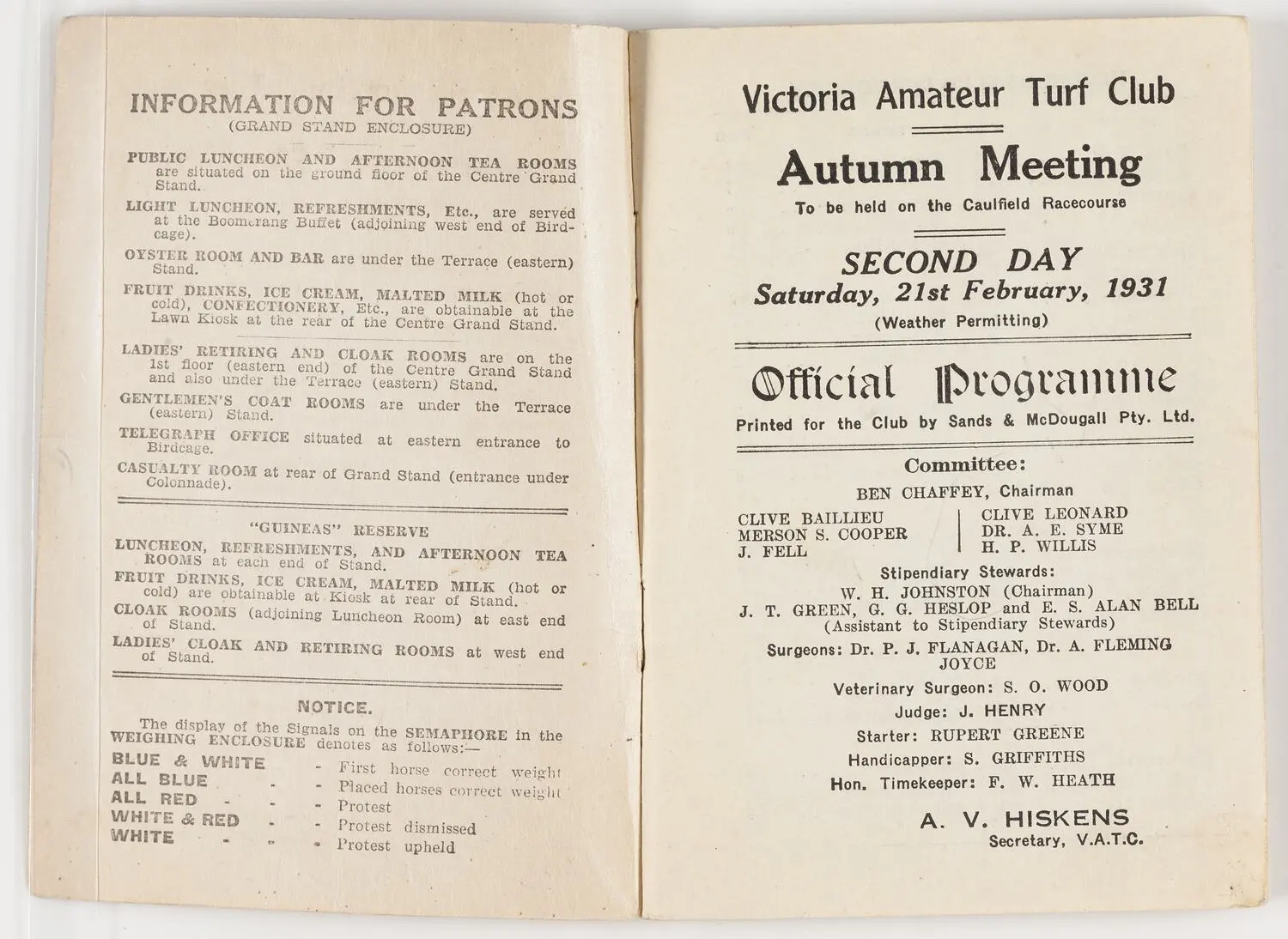 Racing Programme - VRC, Autumn Meeting, Flemington, 21 Feb 1931