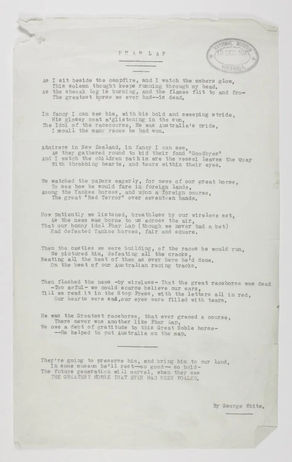 Poem - George White, Phar Lap, 1941