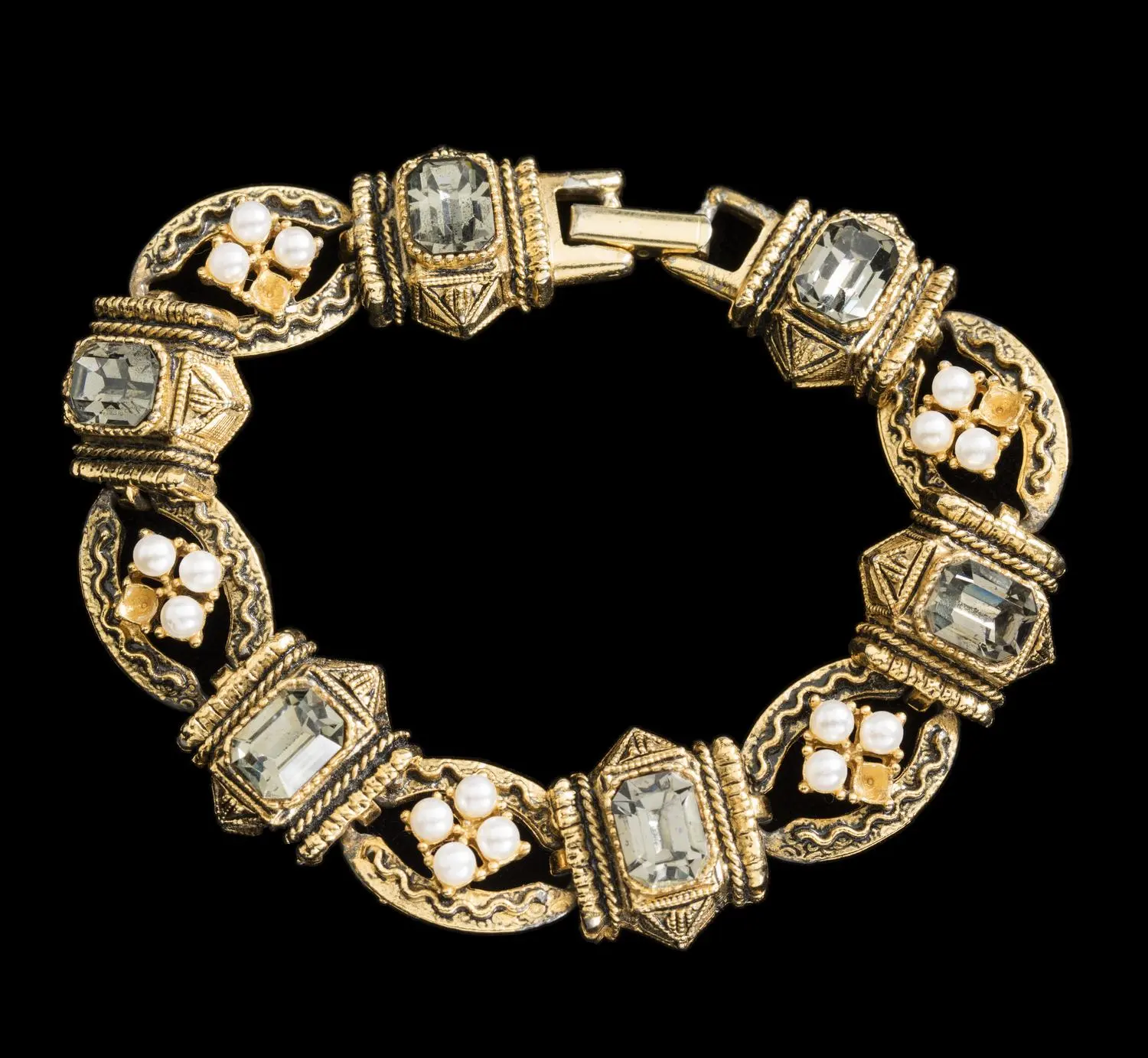 Bracelet - Gold Metal with Glass & Pearl Decoration, Bernice Kopple, circa 1960s-1970s