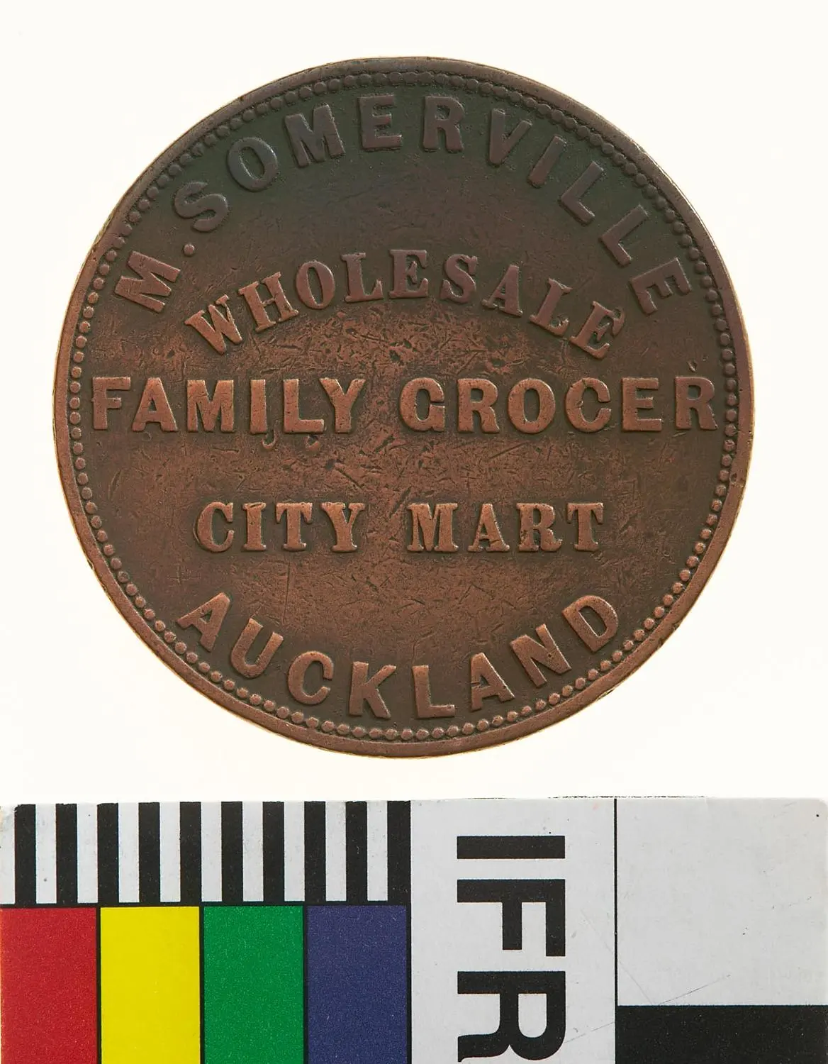 Token - 1 Penny, M. Somerville, Wholesale Family Grocer, Auckland, New Zealand, 1857