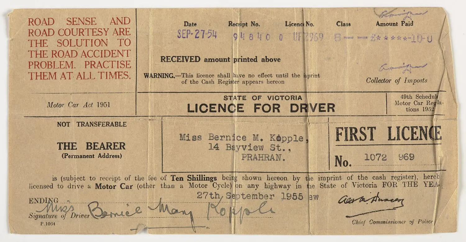 Driver's Licence - Bernice Kopple, Victoria, 27 Sep 1954