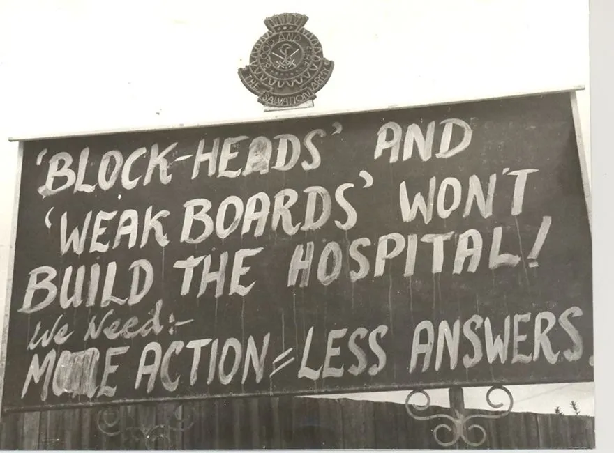 Billboard protest, re Horo. Hospital, 1969