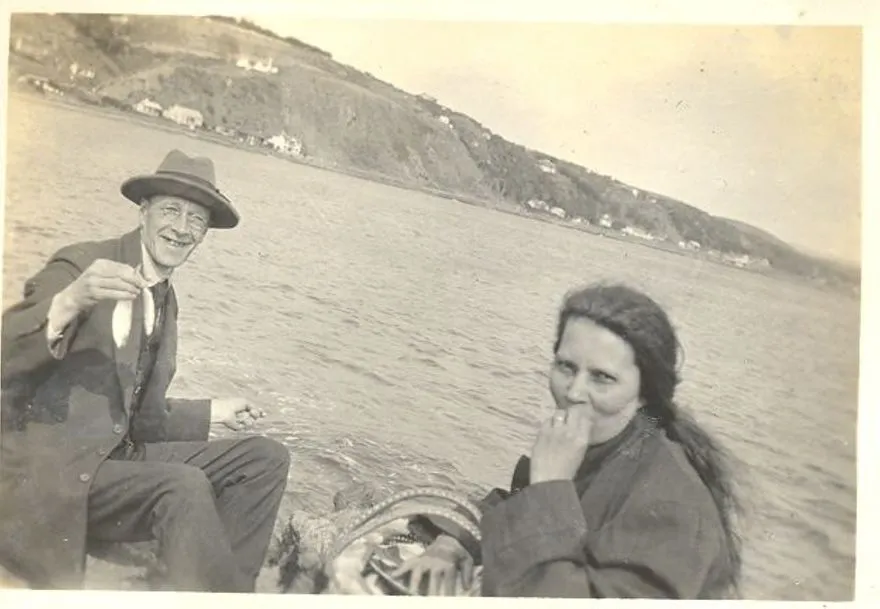 Mr and Mrs Barnes fishing at Plimmerton.