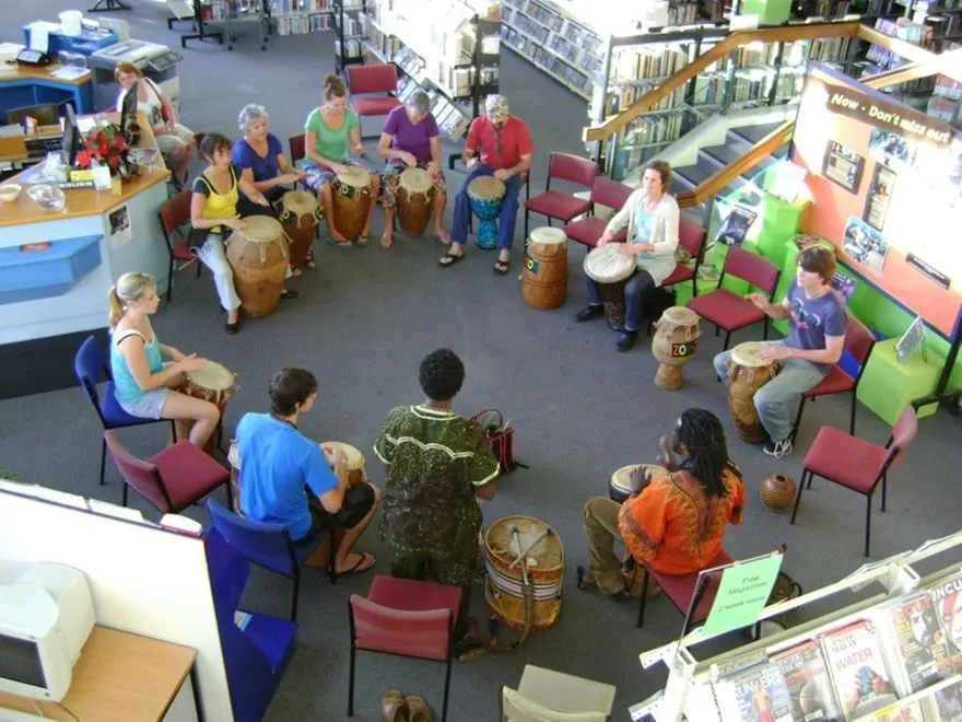 African Drumming Workshop circle in Levin Library