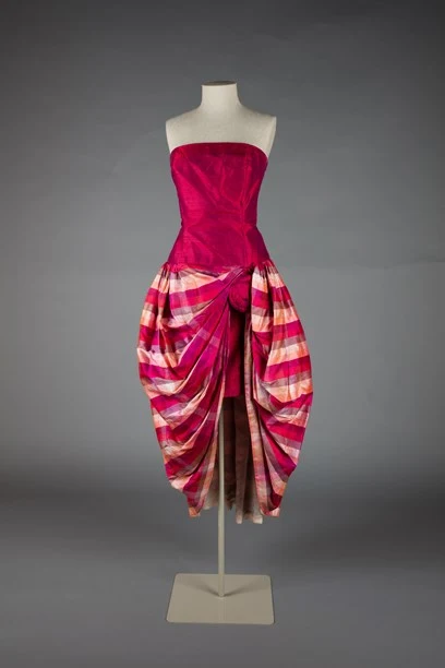 Cerise evening gown with tartan skirt
