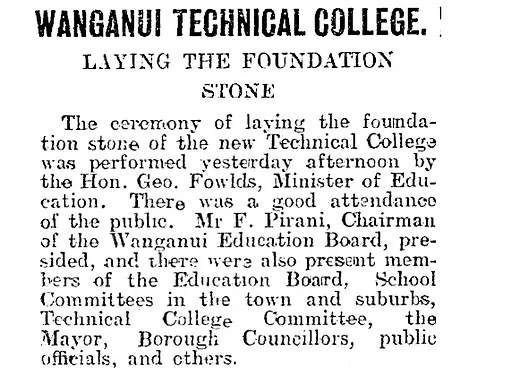 Wanganui Technical College - foundation stone laid