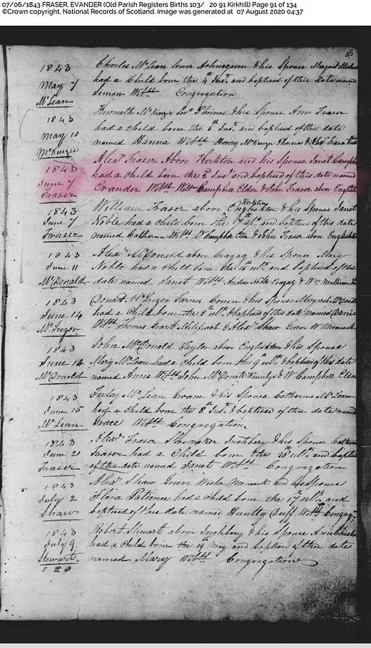 ScotlandPeople OPR Kirkhill birth record for Evander, John Fraser's Father