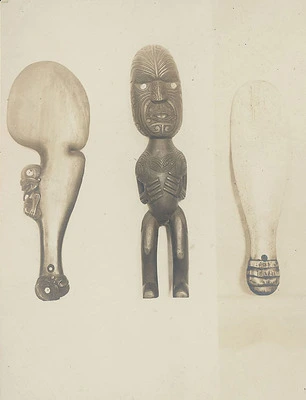Maori Wood Figure Called Wahaika; Wood Figure with Carved Design Representing Tattooing; Stone Paddle Called Patu