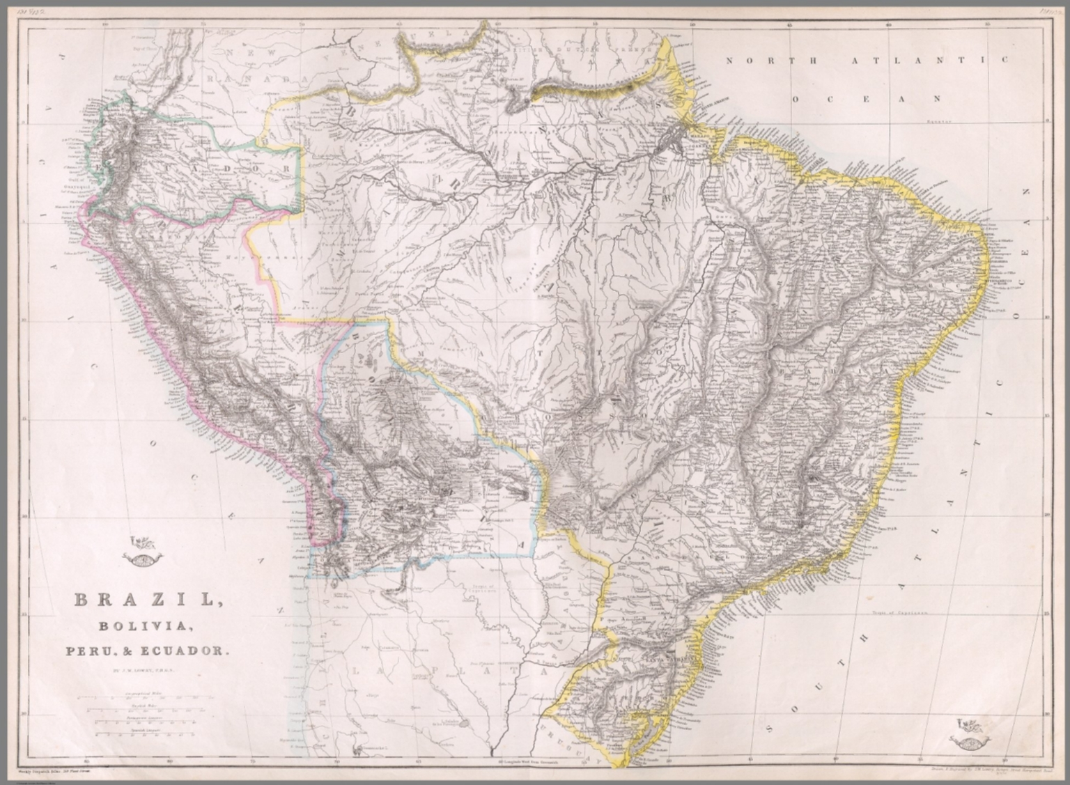 (Composite Map to) Brazil, Bolivia, Peru & Ecuador : [West sheet] -- [East sheet] / by J. W. Lowry, F. R. G. S. ; drawn & engraved by J. W. Lowry, Robert Street Hampstead Road ; E. Weller, Lithogr.