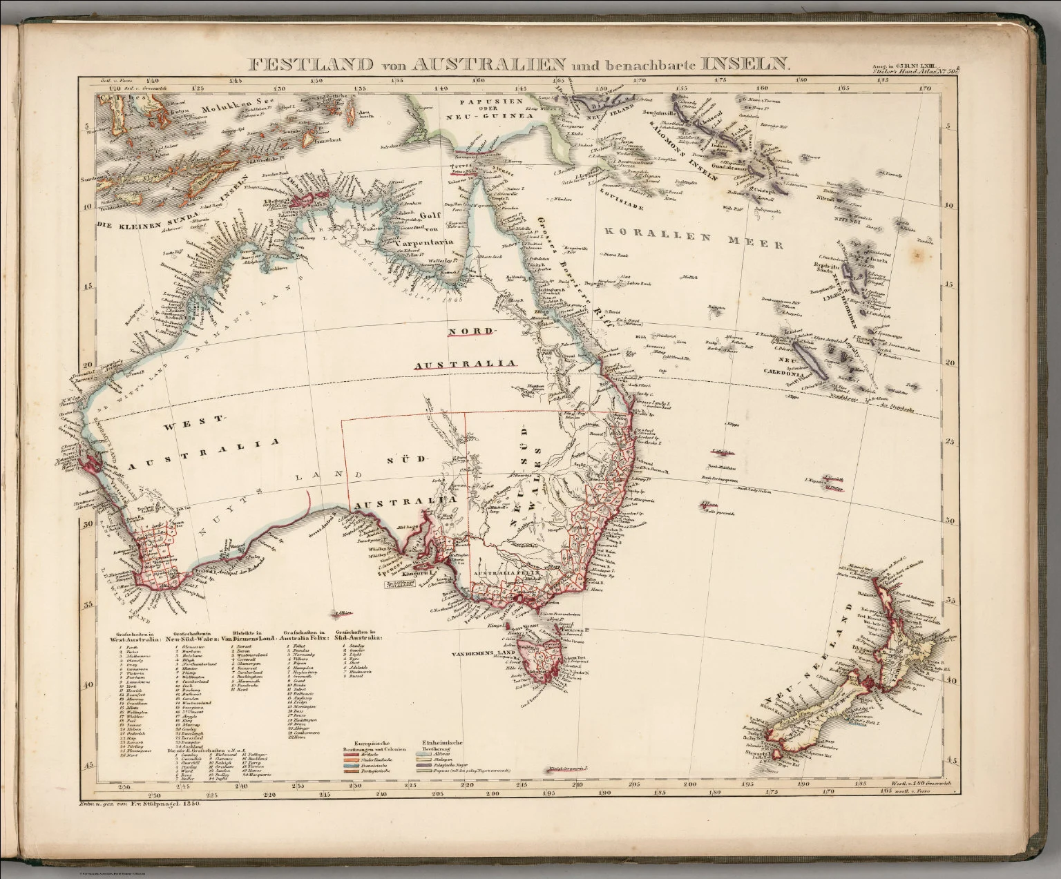No. LXIII. Stieler's Hand-Atlas (No. 50b). Festland von Australien und benachbarte Inseln.