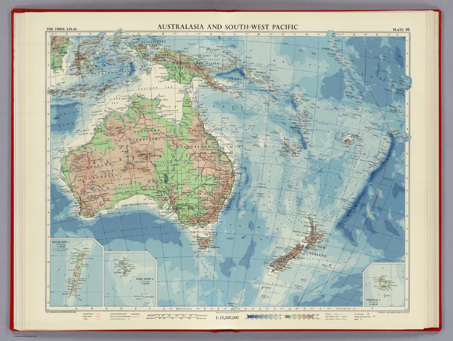 Australia and South-West Pacific.Edited by John Bartholomew, M.C., LL.D. The Geographical Institute Edinburgh. Copyright, John Bartholomew & Son, LTD. (with three inset maps) Macquarie I. (To Australia), Lord Howe I. (To Australia), and Norfolk I. (to Australia), 1:500,000.