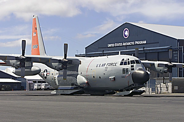 A Lockheed LC-130H from the 109th Airlift Wing, New York Air National Guard parked on the ramp at Christchurch, New Zealand between deployments to the ICE in support of Operation DEEP FREEZE 2001 or to Amundsen-Scott station at the South Pole