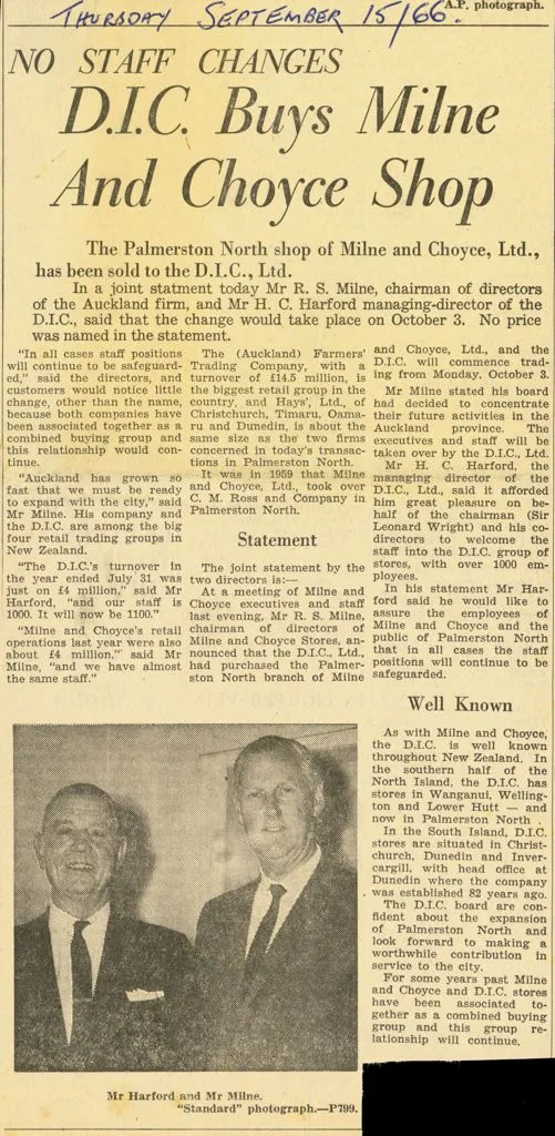 Newspaper article of sale of Milne and Choyce department store to the D.I.C