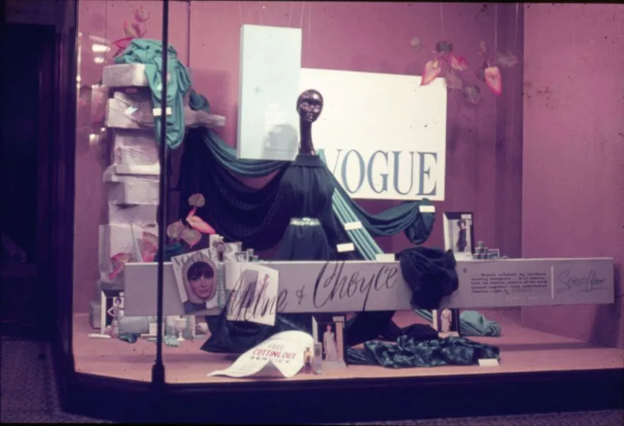 Milne and Choyce window display for sewing material and Vogue patterns
