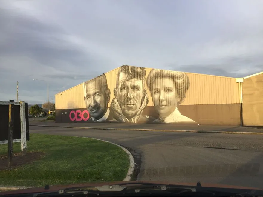 Mural by Mr G on the Obo building in the early morning sun