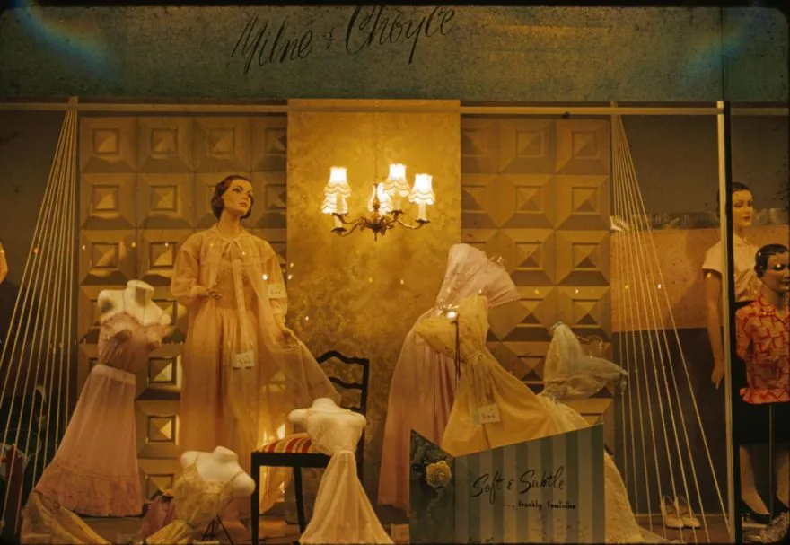 Milne and Choyce window display of women’s petticoats and nightwear