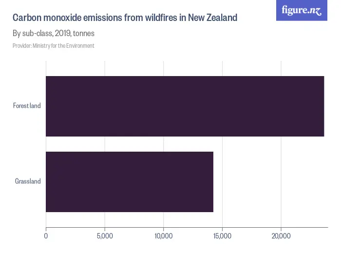 Carbon monoxide emissions from wildfires in New Zealand - By sub-class, 2019, tonnes