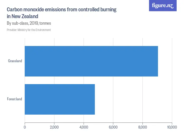 Carbon monoxide emissions from controlled burning in New Zealand - By sub-class, 2019, tonnes