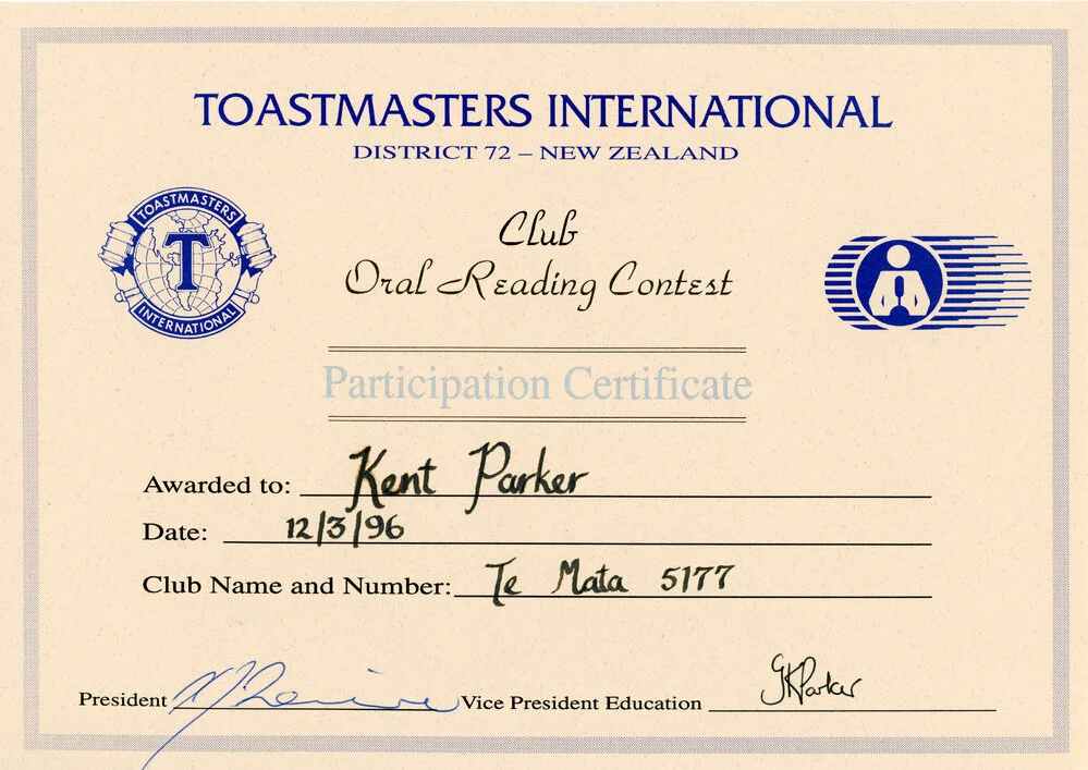 Toastmasters International Participation Certificate - District 72 - New Zealand