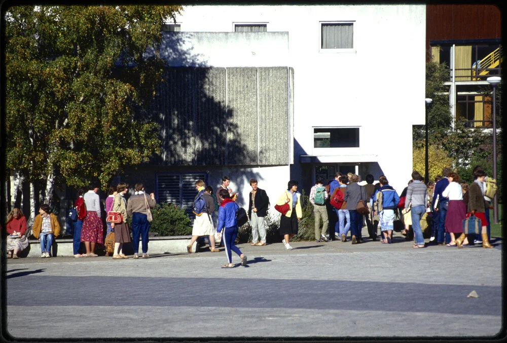 People outside the Burns lecture theatres