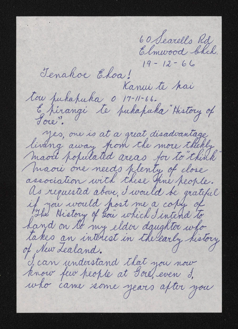 Letter, 19 December 1966, from Jim Strachan to Herries Beattie