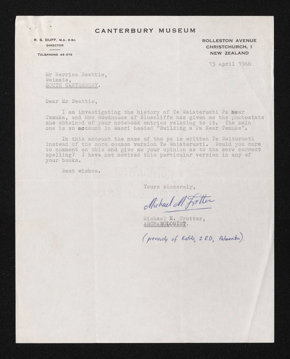 Letter, 15 April 1966, from Michael M. Trotter to Herries Beattie