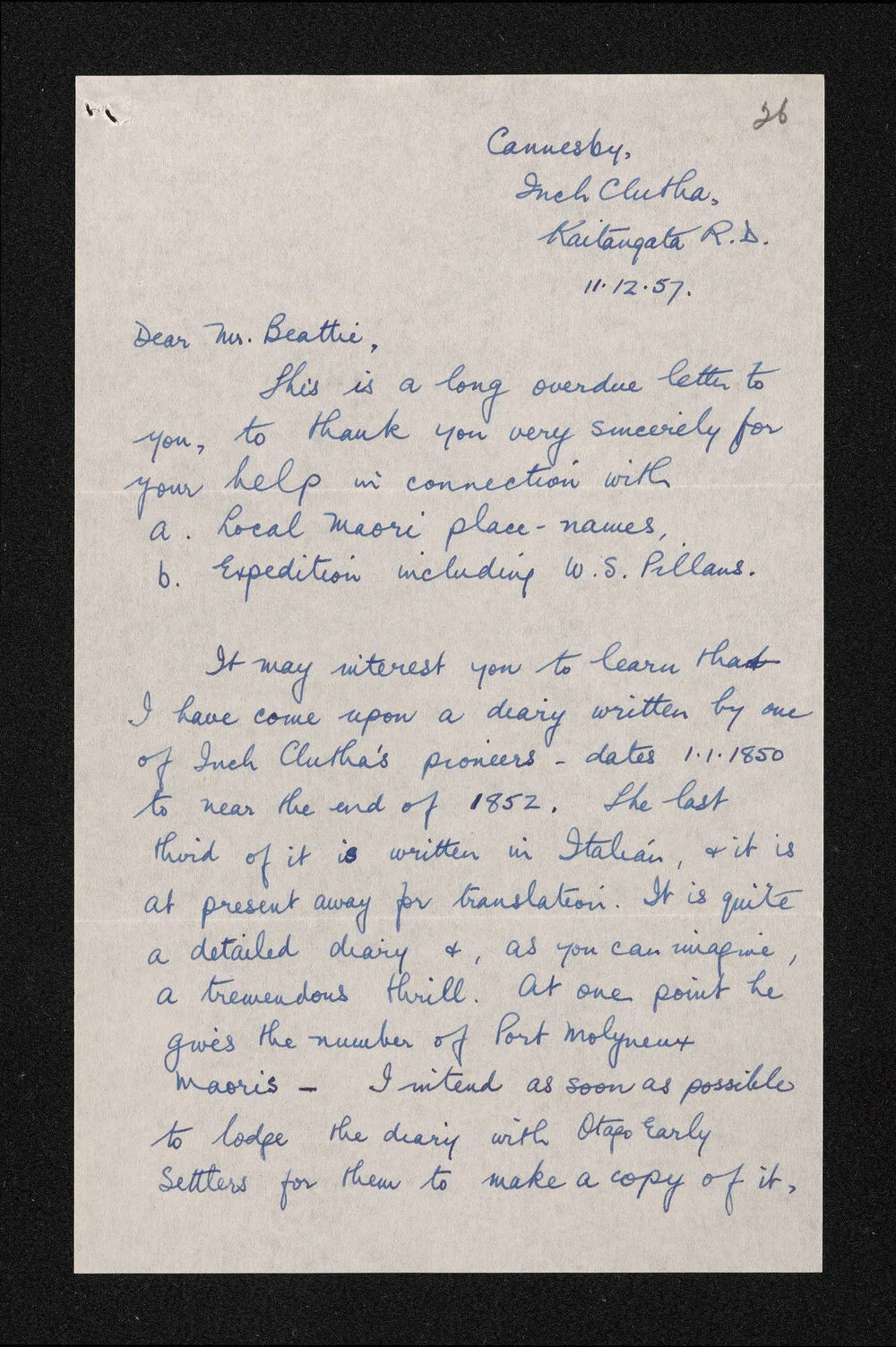 Letter, 11 December 1957, from Alma Rutherford, to Herries Beattie