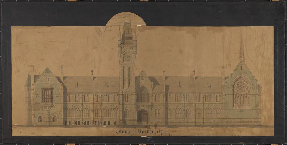 Plan for the University of Otago, Maxwell Bury architect. Front elevation (on calico).