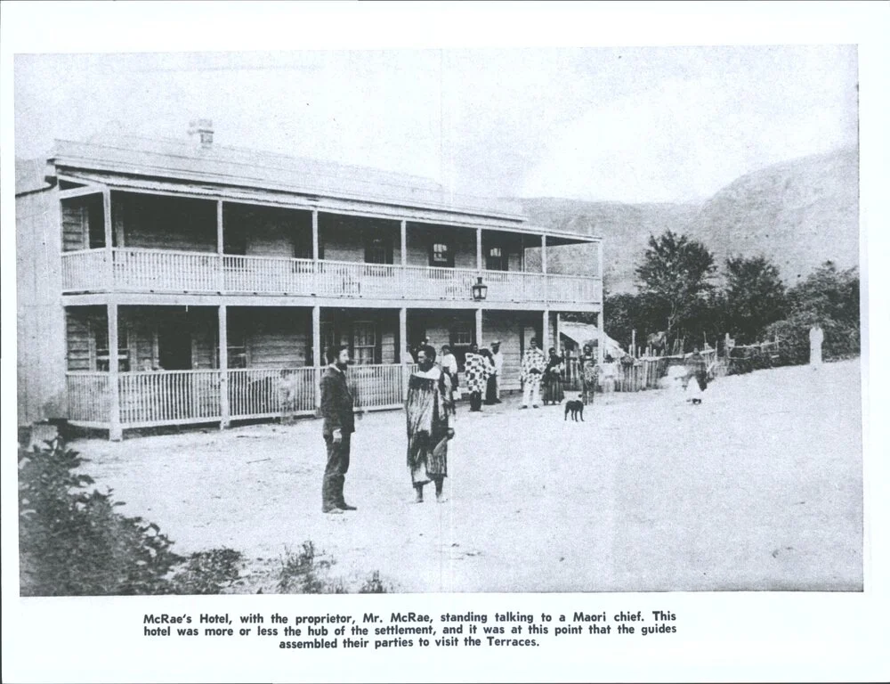 McRae's Hotel with the proprietor, Mr McRae, standing talking to a Maori chief