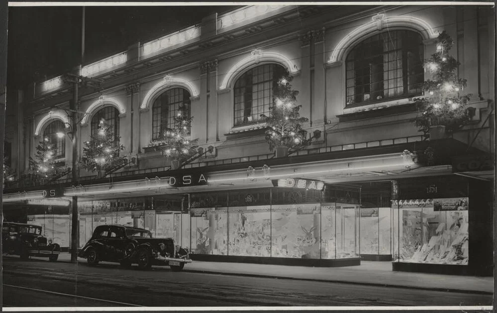 Illuminated DSA building, George Street, Dunedin, 'Xmas frontage 1955'