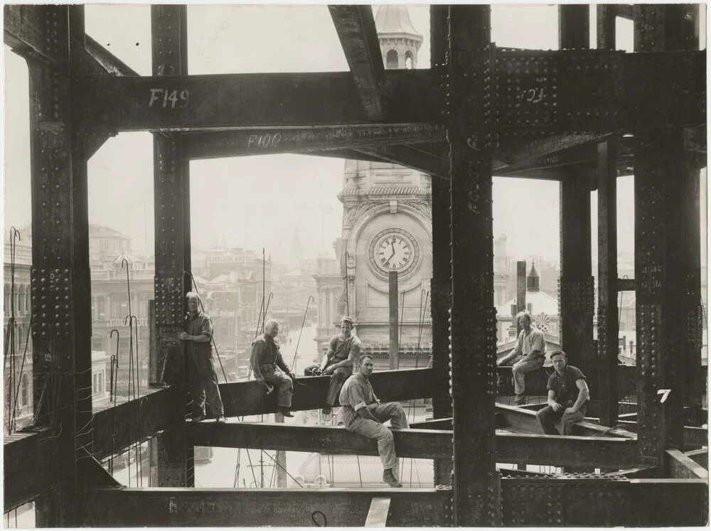 Workmen on Dunedin Chief Post Office girders