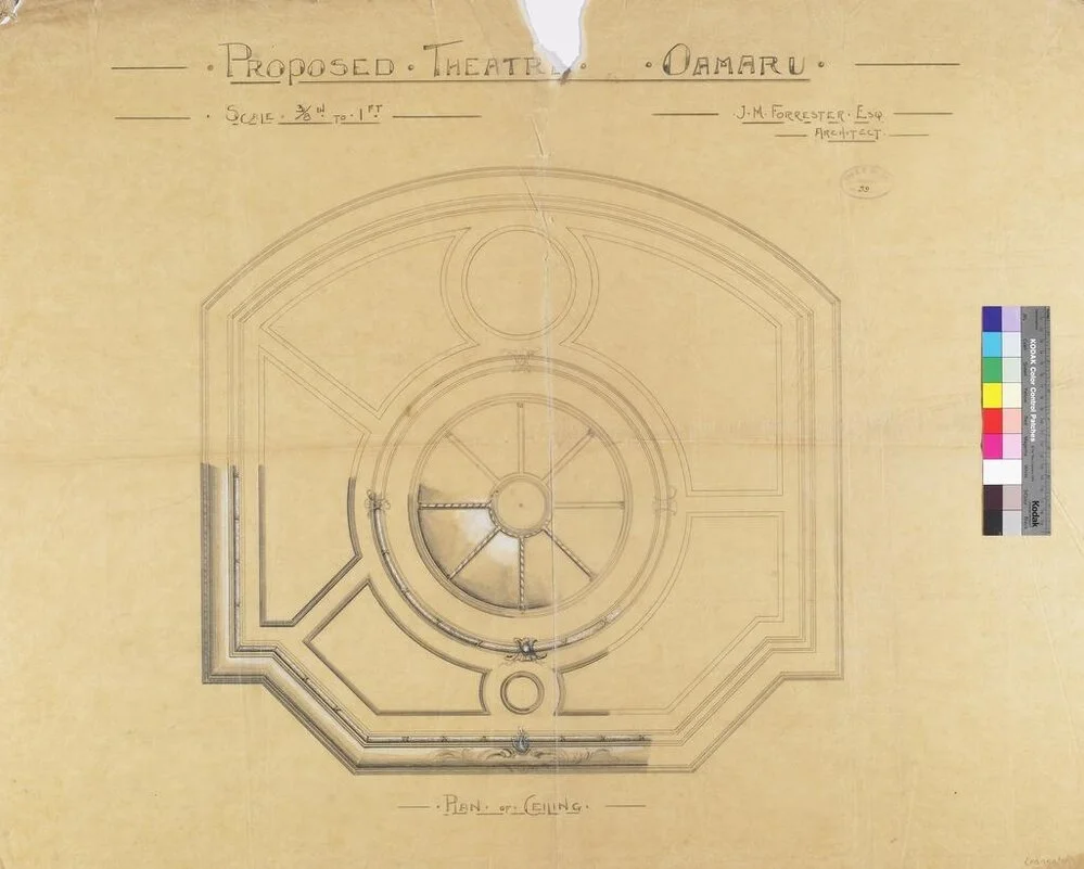 Oamaru Town Hall/Opera House, drawings of ceiling and arch, J.M. Forrester architect. Ceiling.