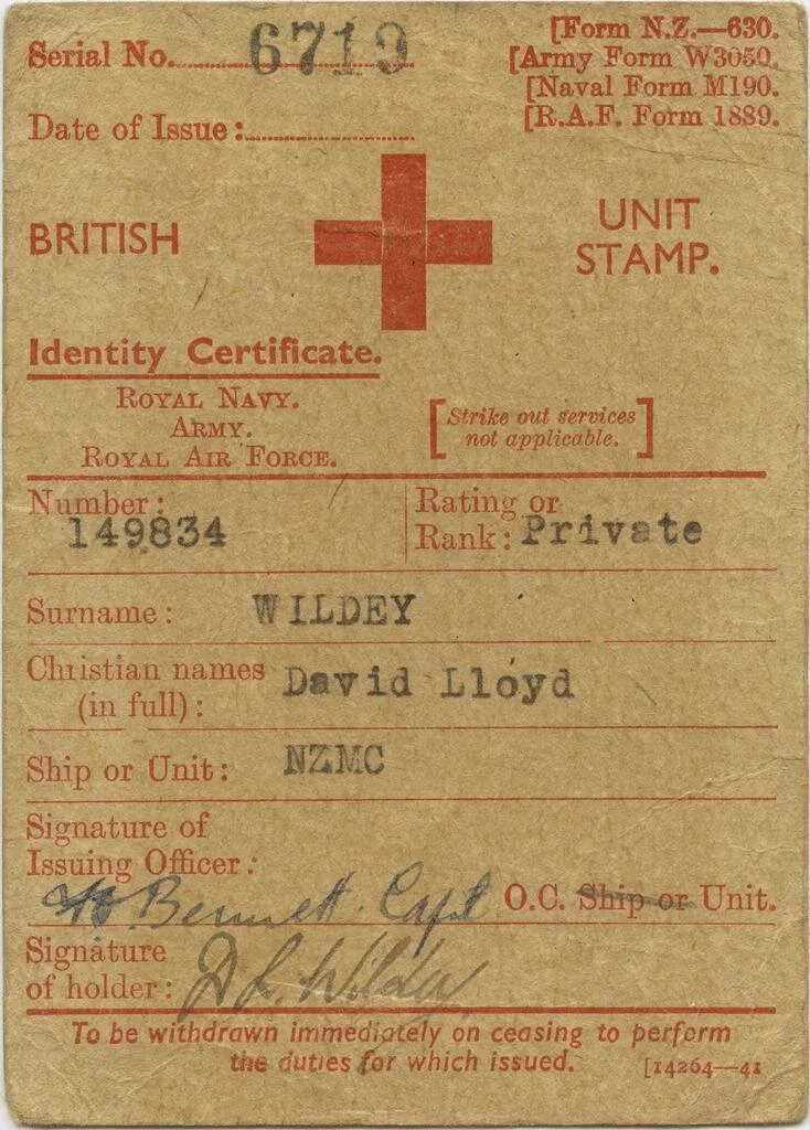 Marked identity card of David Lloyd Wildey
