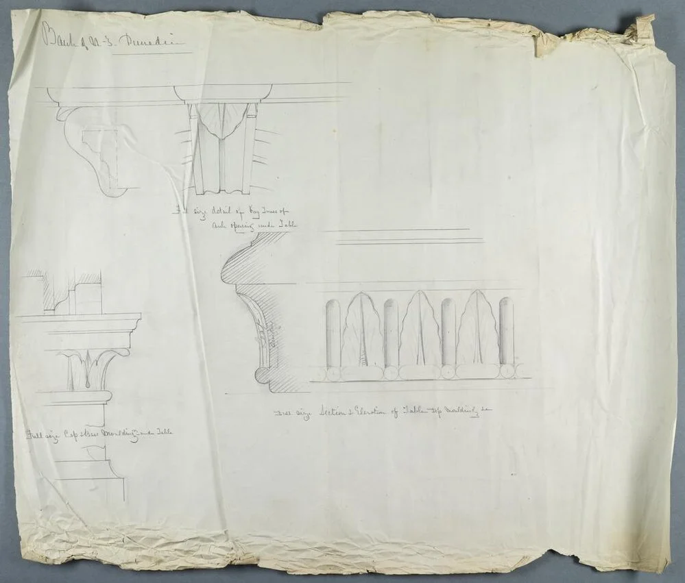 Bank of New Zealand, detail plans for building, Princes and Rattray streets, Dunedin. Plan of mouldings and truss for table in bank chamber.