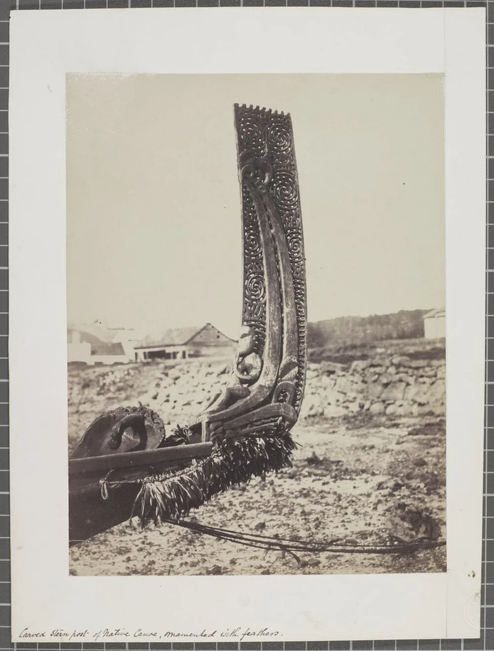 Carved stern-post of Māori canoe, ornamented with feathers