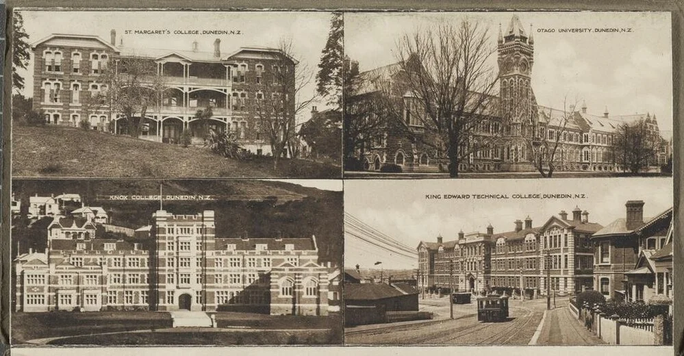 St. Margaret's College, Dunedin, N. Z.; Otago University, Dunedin, N. Z.; Knox College, Dunedin, N. Z.; King Edward Technical College, Dunedin, N.Z.