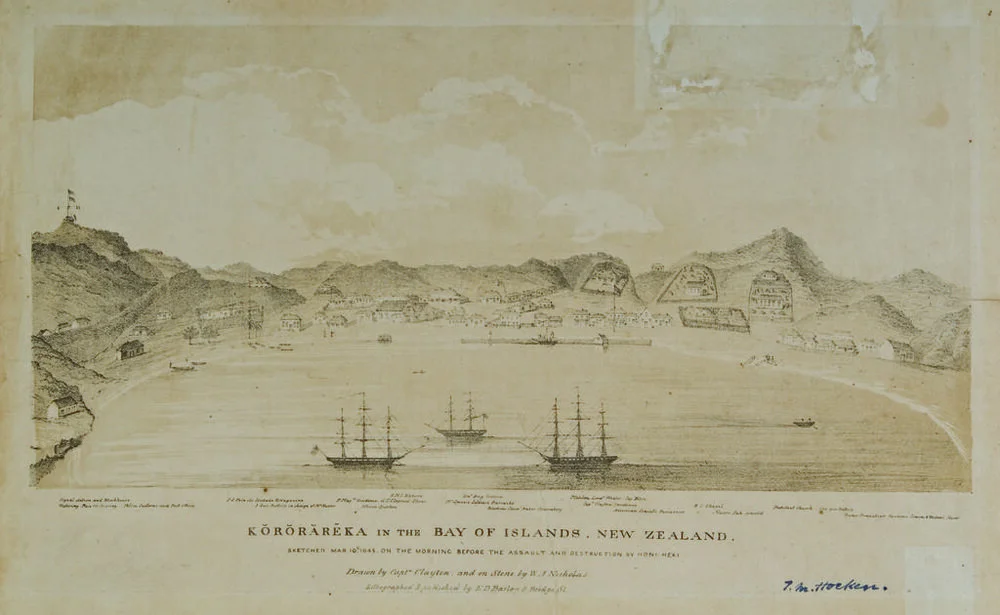 Kororareka in the Bay of Islands, New Zealand. Sketched Mar 10th 1845 on the morning before the assault and destruction by Honi Heki. Drawn by Capt.n Clayton and on stone by W.A. Nicholas. Lithographed & published by E.D. Barlow. 9 Bridge St