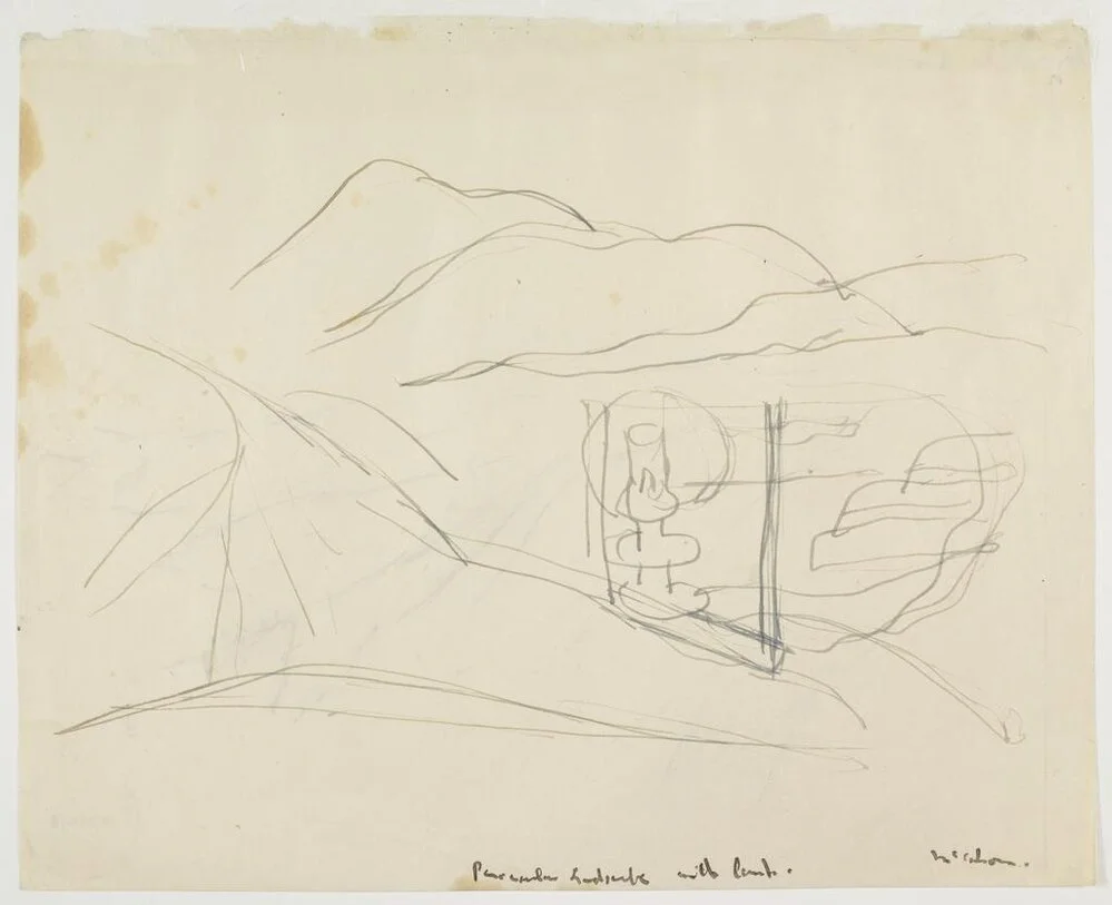 Working drawings for three paintings of the Otago Peninsula. Peninsula landscape with lamp